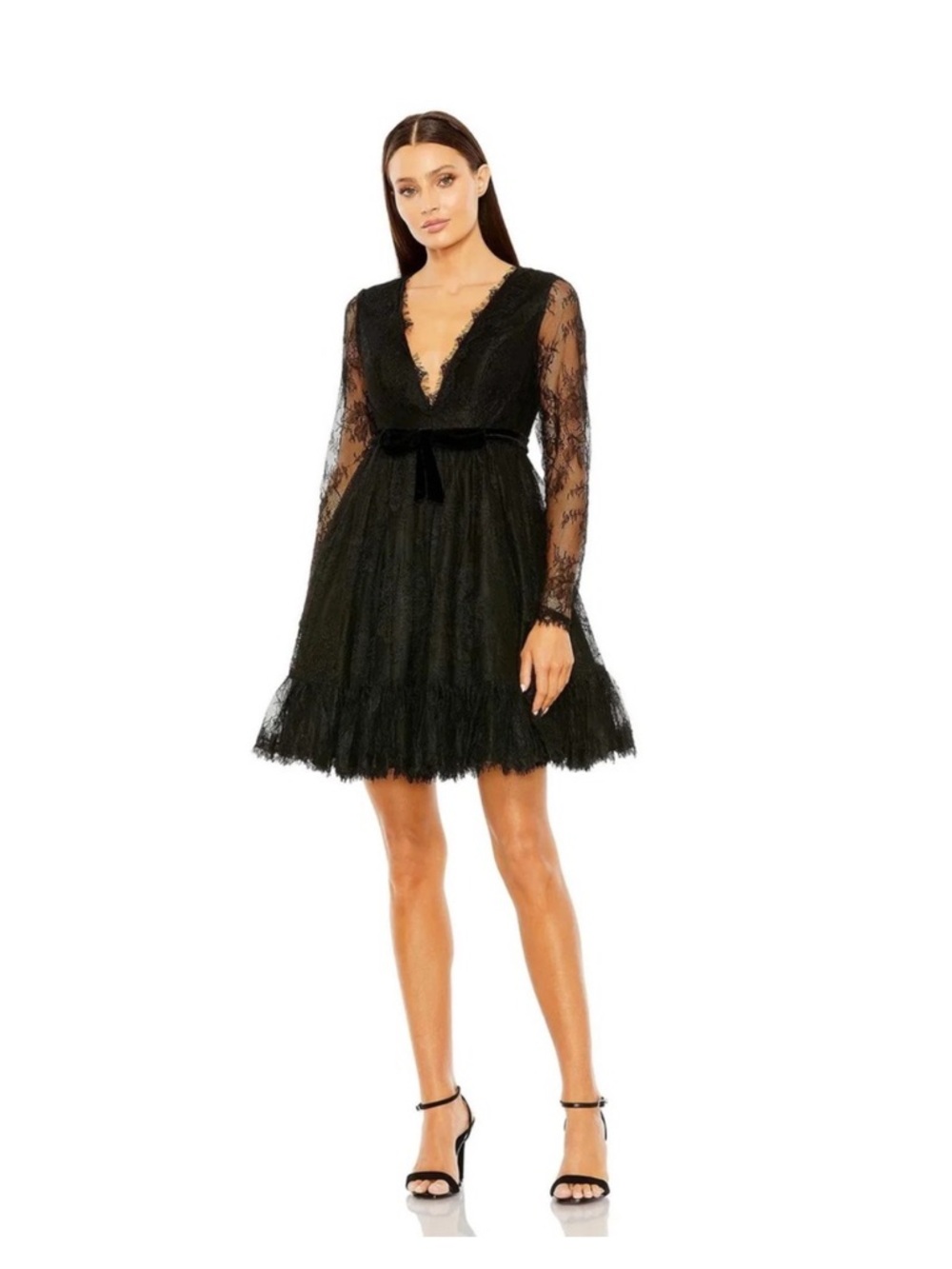 Mac Duggal Dress Black Lace V-Neck Long Sleeve Mini Dress Size 6 NEW 49794